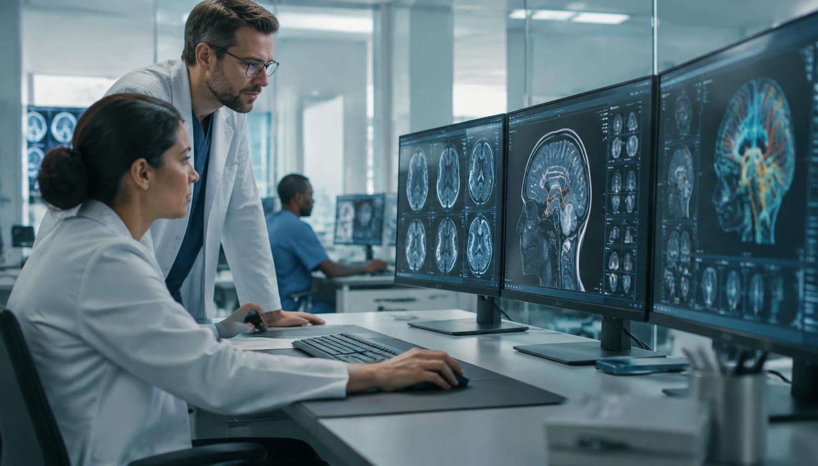 Clinicians reviewing AI-assisted medical imaging on diagnostic displays in a hospital reading room