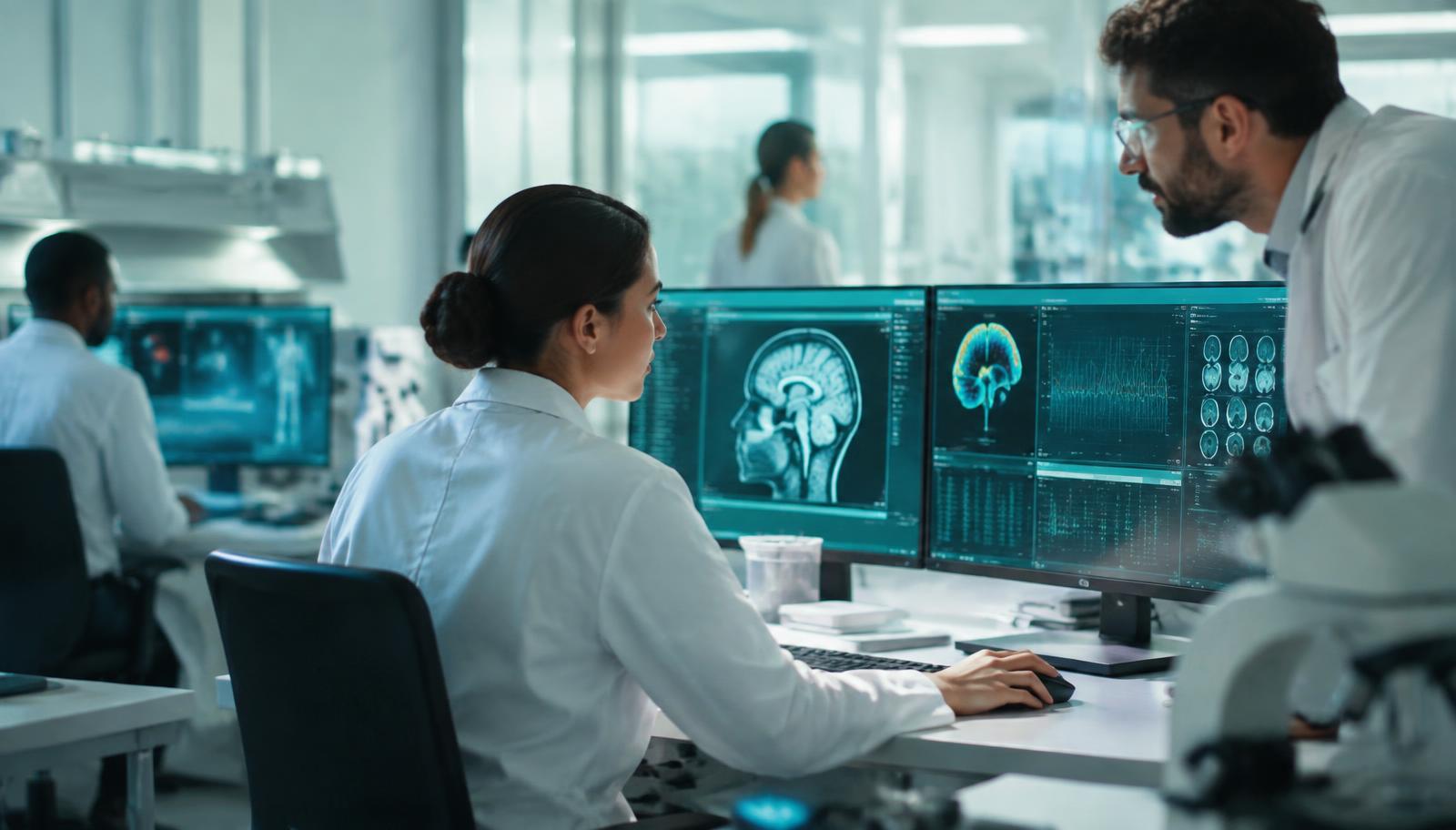Researchers developing healthcare AI software in a laboratory